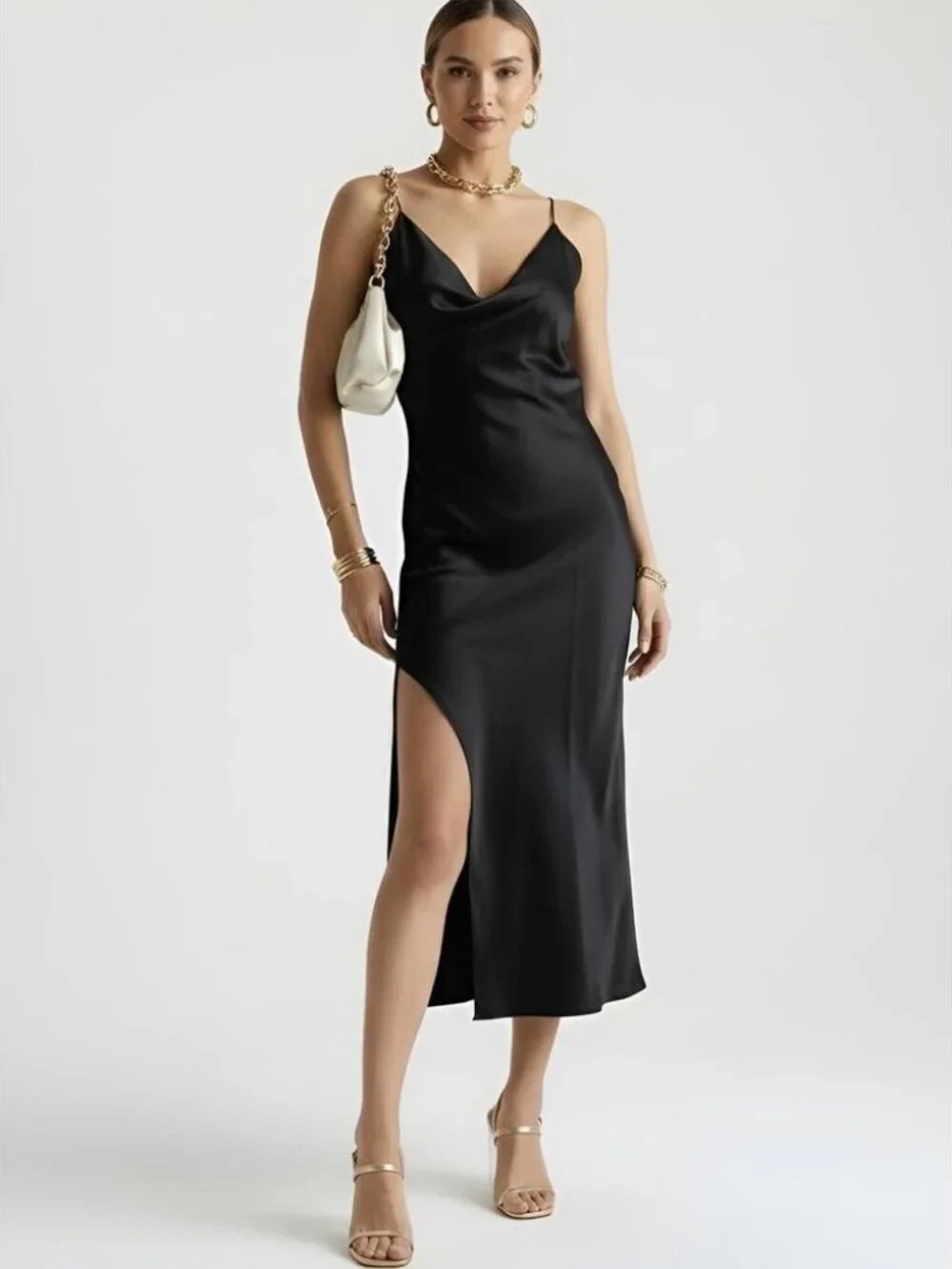 NWT Zara Ruched Side Satin Effect Midi Slip Dress Black XS